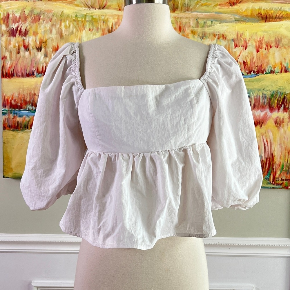 Missguided Peplum Top Medium Women Puff Sleeve White Cottagecore Romantic Square
